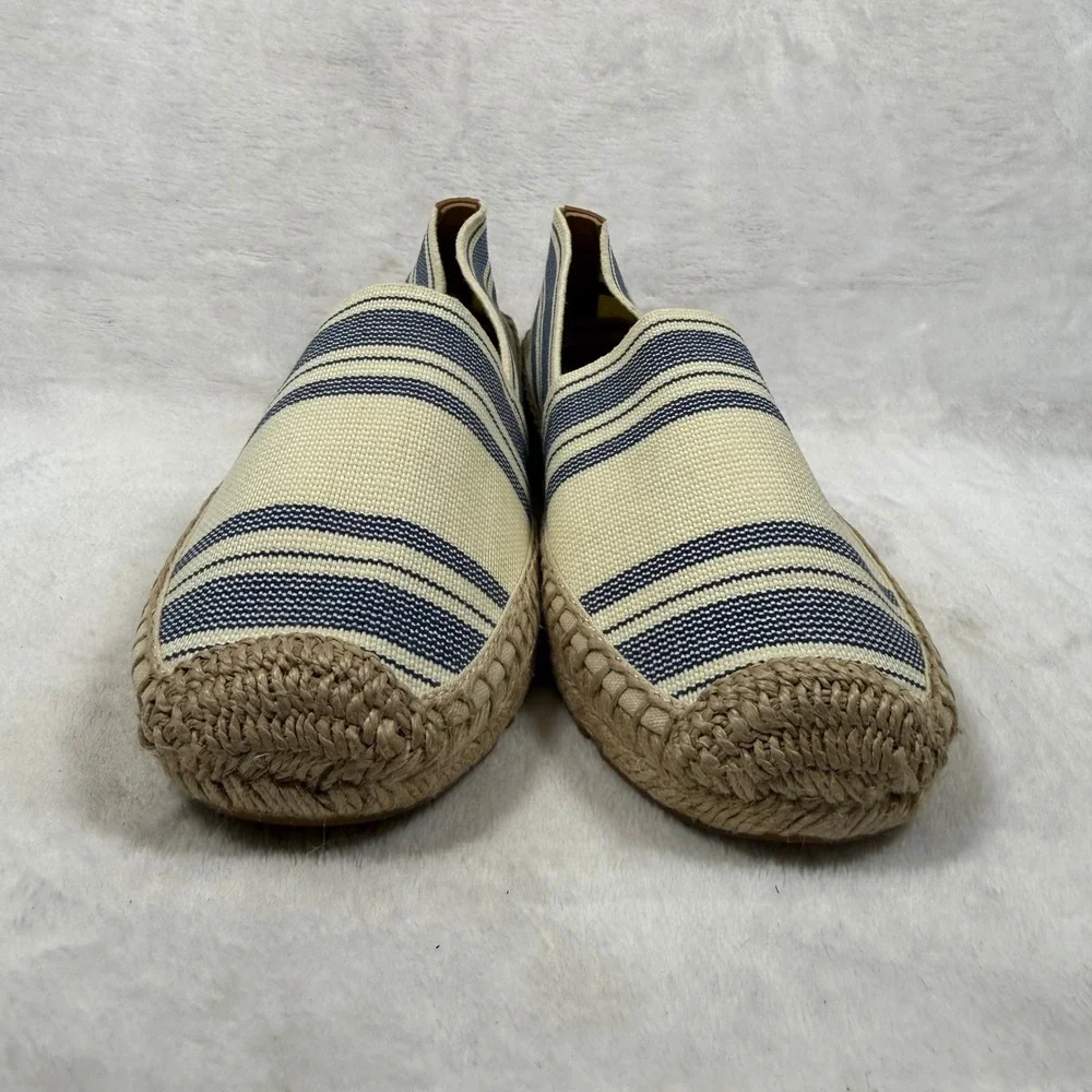 Tory Burch Striped Canvas Espadrille Flats Cream Blue Brown Slip On Shoes 9